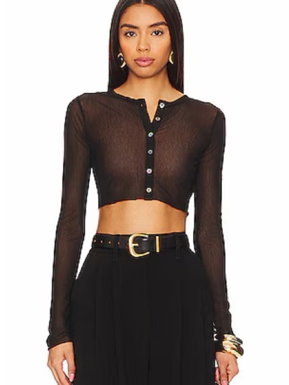 Lovers + Friends Black Sheer Button-Front Long Sleeve Crop Top
